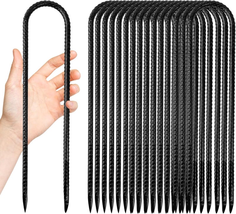 Anothera 16 Pack Trampoline Stakes Anchors High Wind, 12 Inches Tent Stakes Heavy Duty, Galvanized Steel Ground Stakes Kit, U Shaped Rebar Stakes for Trampoline, Tents, Fence - Image 1
